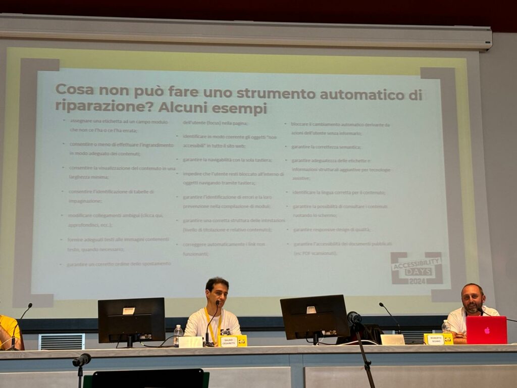 Alcuni dei controlli di accessibilità che uno strumento automatico non può effettuare, ad esempio riguardo la correttezza semantica o la navigabilità da tastiera, illustrati da Roberto Scano